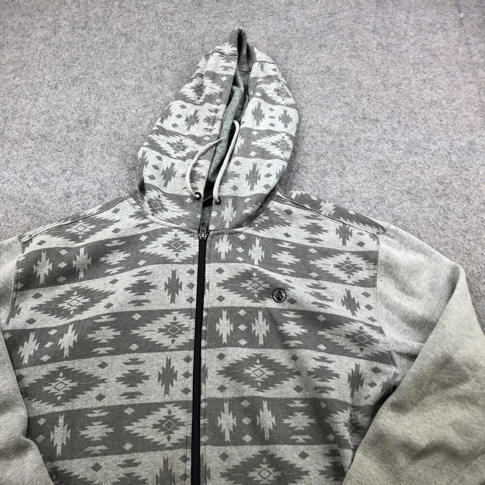Volcom Hoodie Mens Large Gray Aztec Fleece Full Zip Sweatshirt Pockets Geometric - Picture 4 of 12